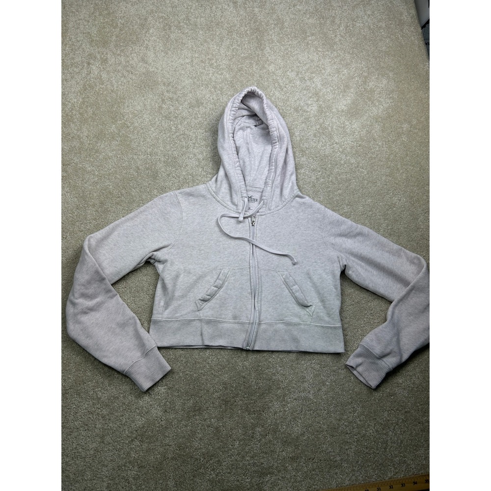 Hollister Solid Cropped Zip Up Hoodie Medium Gray Long Sleeve Fleece Streetwear